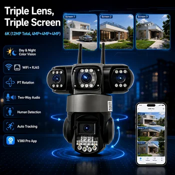 6K 12MP WIFI IP Camera Outdoor 3 Lens 3 Screens 10X Zoom CCTV Wireless Video Surveillance Cameras 6K 12MP Security Protection 1
