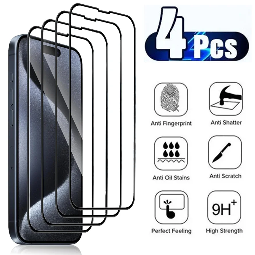 

4 Pcs, Protective Glass for iPhone-15 15Plus 15Pro Tempered Film iPhone15 Apple 15 Plus Screen Protector iPhone 15 Pro Max Glass