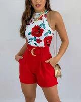 Floral Print Two-Piece Outfit - Sleeveless Halter Neck Top with Adjustable Tie, Belted High Waist Shorts with Pockets 1