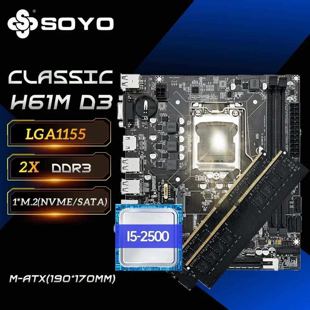 Gaming Motherboard Kit computer motherboard SOYO H61 with Intel LGA1155 CPU i5 2500 DDR3 8GB*2 16G Memory M.2 SATA Desktop Computer components