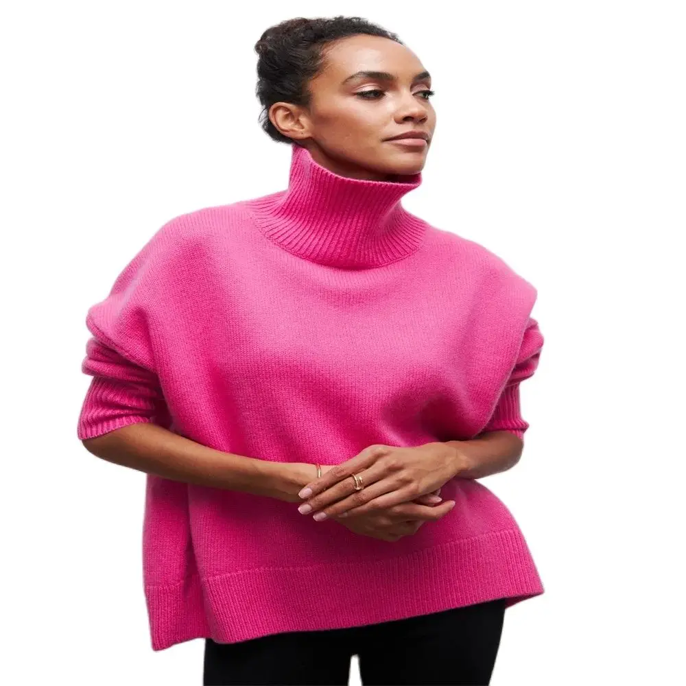 

Autumn/Winter Fashion Knitwear Turtleneck Pullovers Women High Collar Solid Color Drop-Shoulder Sleeve Loose Thick Sweater