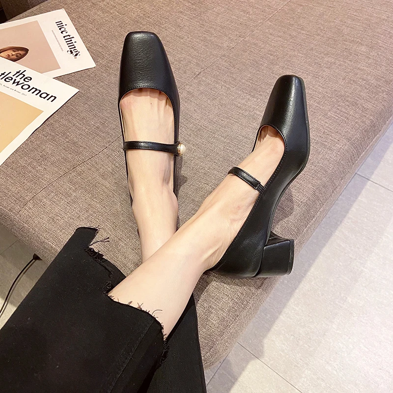 Solid Color Med Heels Mary Jane Shoes for Women Elegant Square Toe Patent Leather Shoes Woman 2022 Spring Autumn Shallow Pumps