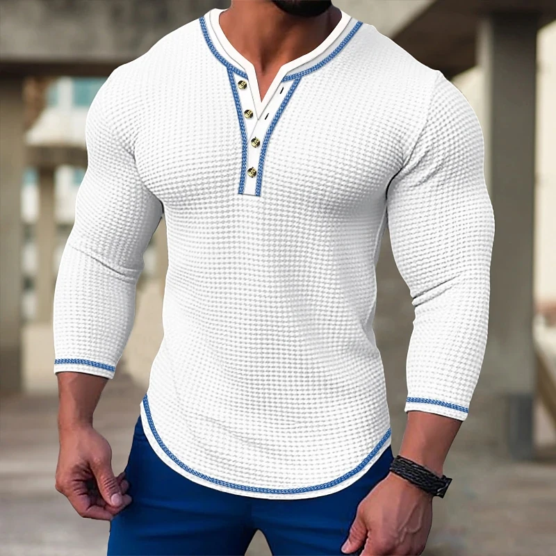 

New Men's Waffle Solid color T-shirt Long sleeve V-cardigan Henry Neck Tee Tops Spring Autumn Casual Comfort Elastic Shirt