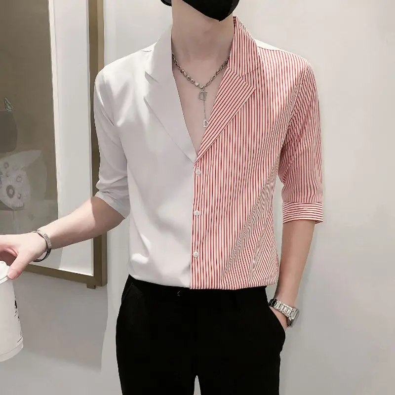 Elegant Fashion Harajuku Slim Fit Ropa Hombre Loose Casual All Match Men's Top Stand Collar Patchwork Three-quarter Sleeve Blusa