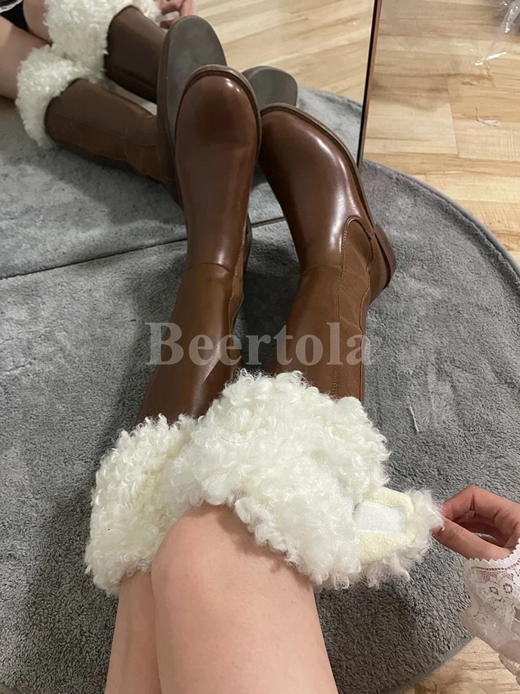 

Warm Brown Lamb Wool Snow Boots Woman Round Toe Fur Cotton Knee-High Boots Lady Autumn Winter Slip On Retro Style Leather Shoes
