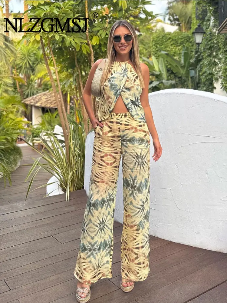 

Nlzgmsj TRAF Thin Summer Beach Vacation Women Printed Suits Sleeveless Asymmetric Halter Crop Top Female Wide Pant Sets