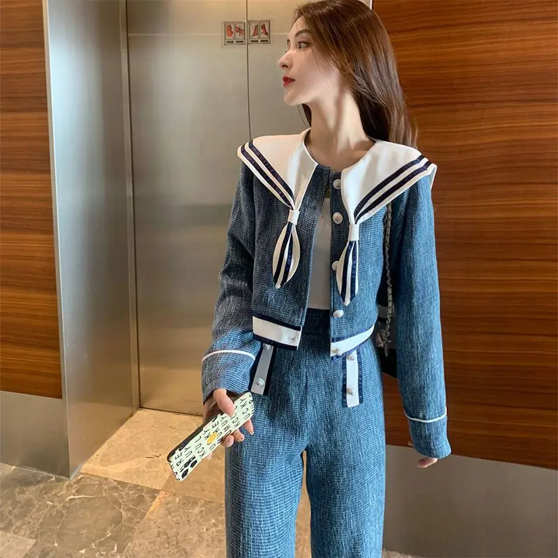 Fashion Women's Set 2023 Autumn/Winter Korean Version New Wide Leg Pants Navy Collar Coat Two Pieces for Women