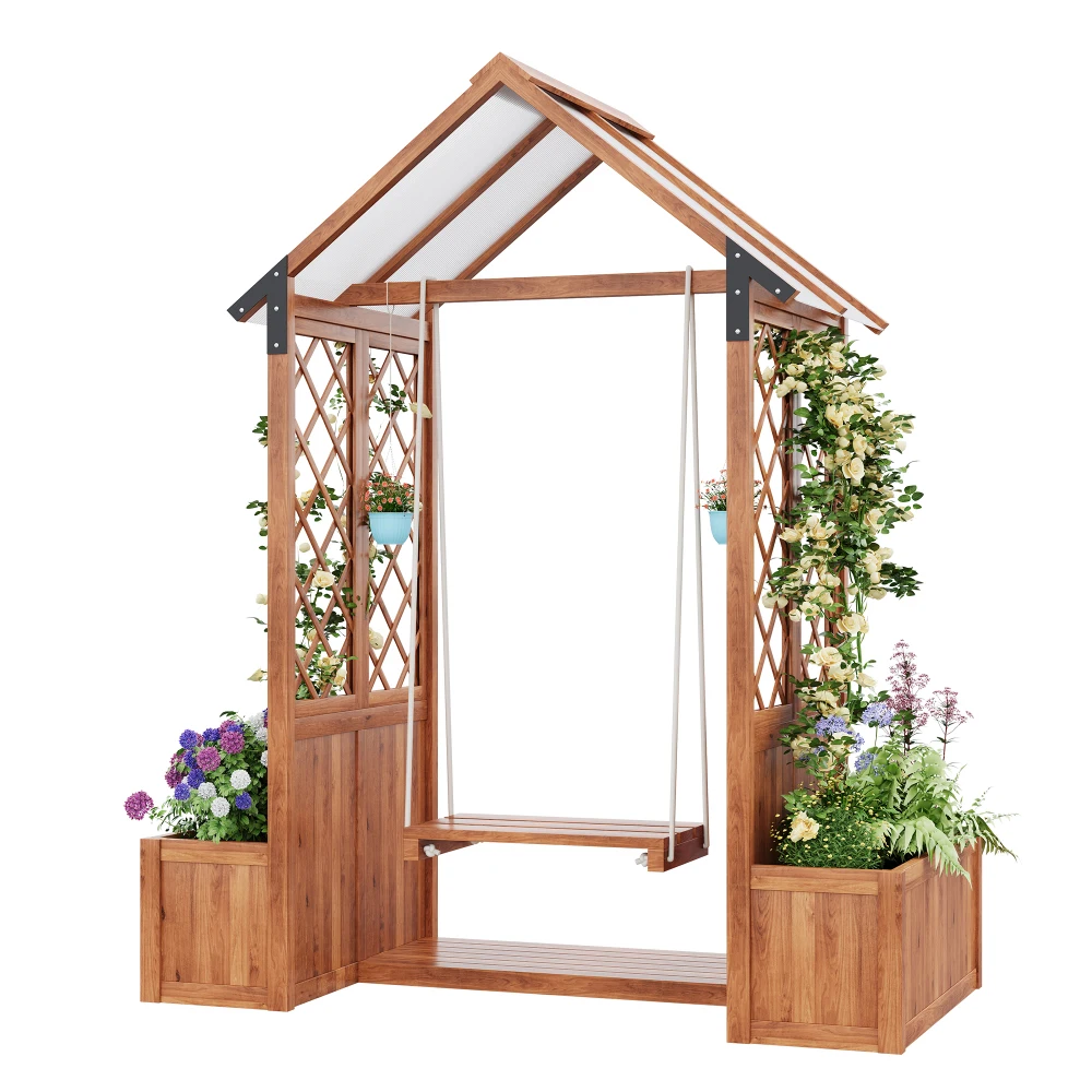 PINGGO Pflanzentopf-Schaukel für den Außenbereich mit Rankhilfe und Polycarbonat-Sonnenschutz, braunes laminiertes Holz für Terrasse und Rasen – Detail 10