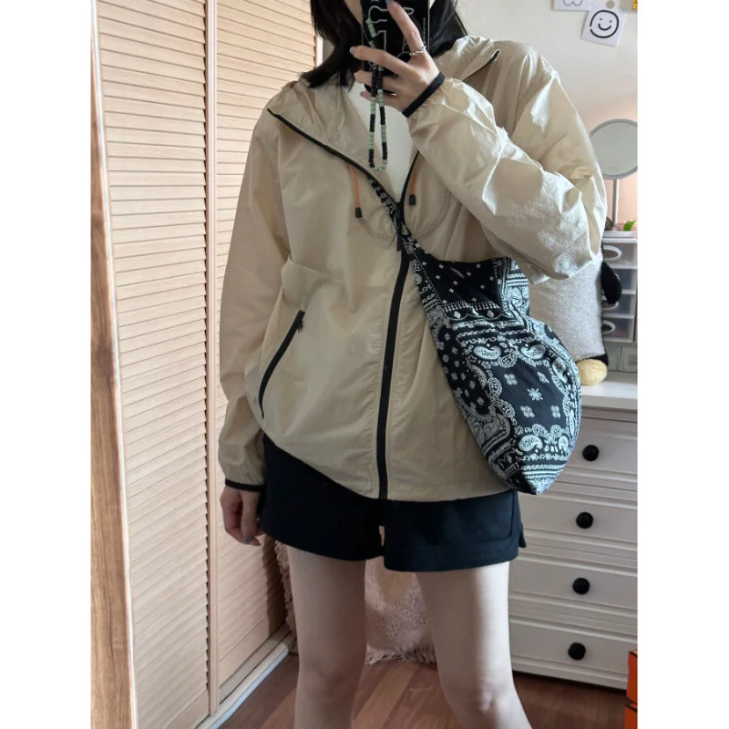 

Deeptown Women Zipper Jackets Vintage Transparent Outerwear White Oversized Japanese Style Lightweight Sports Coat Casual Female