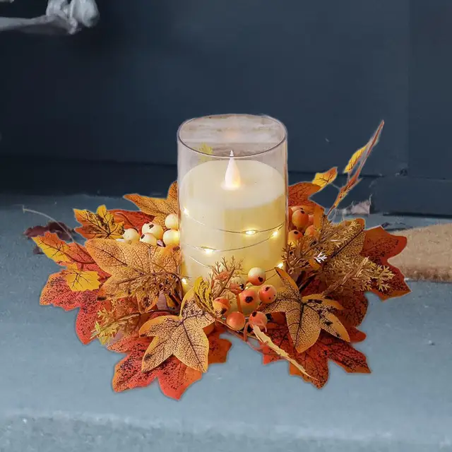 Fall Candle Rings With Maple Leaves - Thanksgiving Table Decor With Artificial Berries For Centerpieces