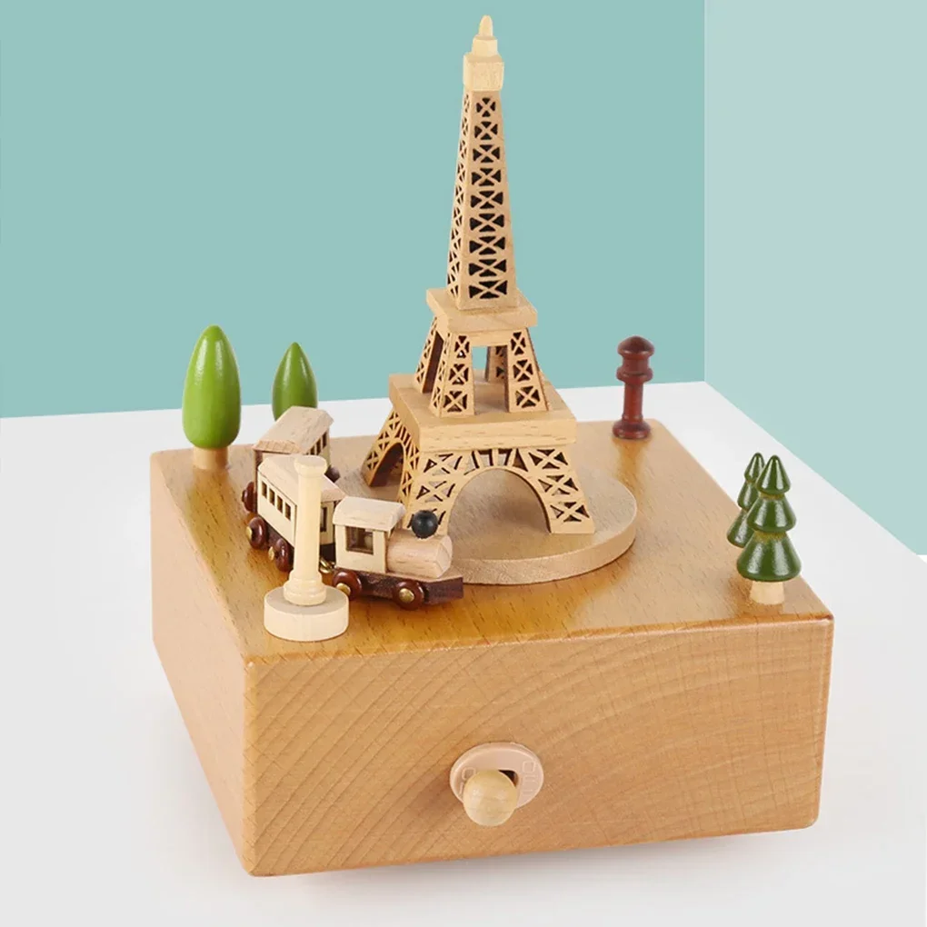 Wooden Carousel Music Box Ornaments Rotatable Hand-cranked Music Box DIY Handmade Birthday Christmas Gift Children’s Toys 3