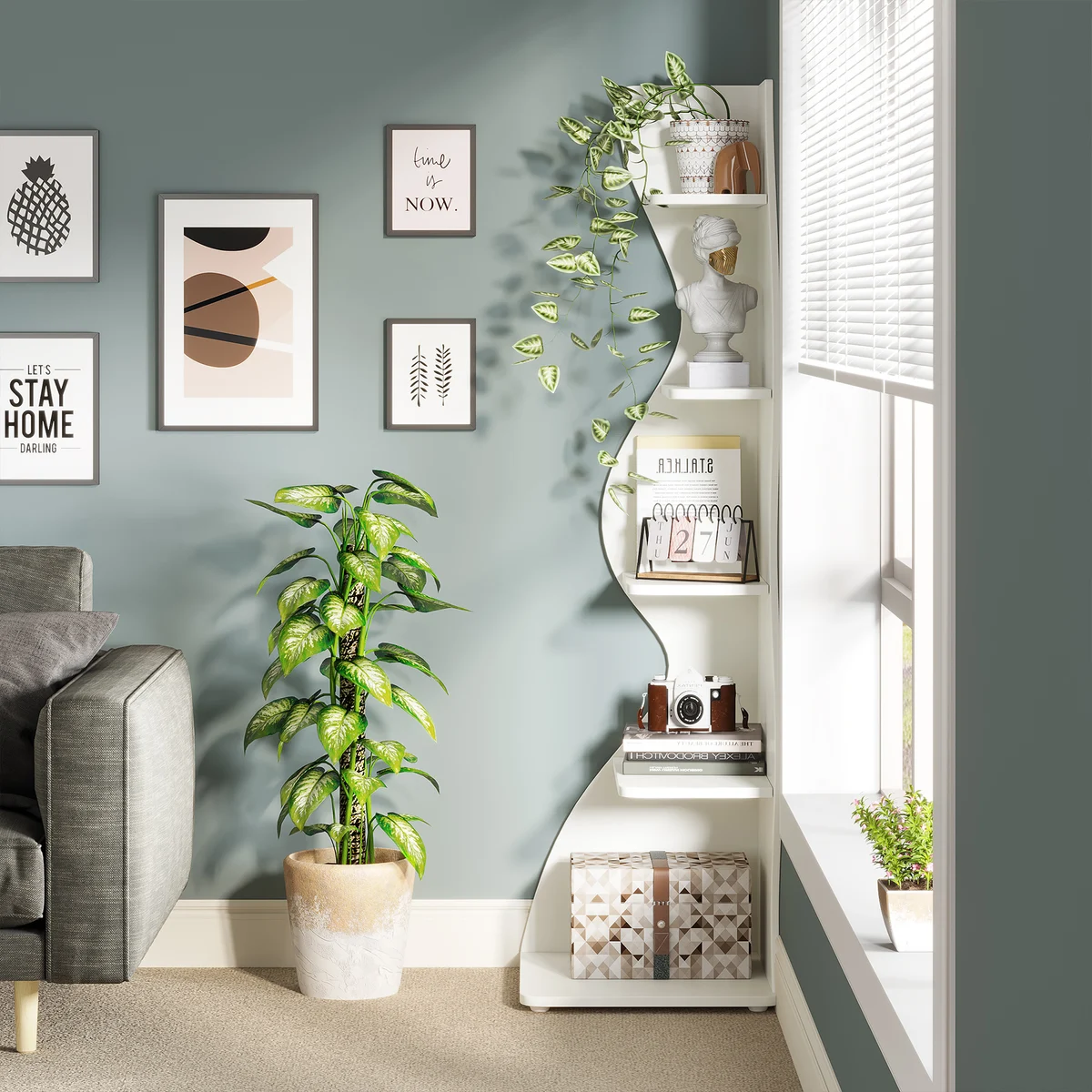 Tribesigns Modern 5-Tier Wall Corner Bookshelf, Stylish Corner Small Bookcase Storage Rack Plant Stand with Unique — view 4