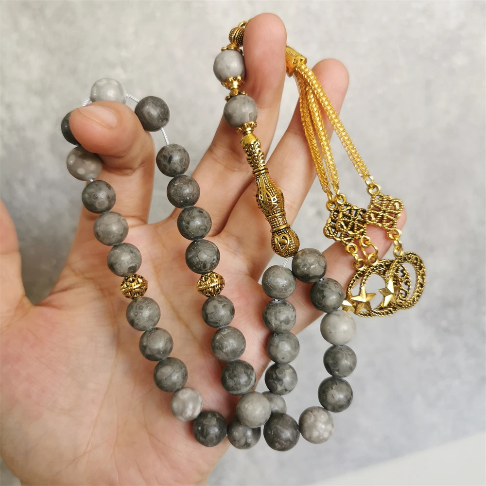 Natural stone Tabish 8mm 10mm grey misbaha gold color metal