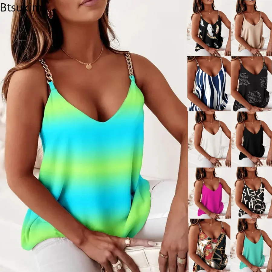 

New 2024 Women's Summer Blouses Top Vest Sleeveless V-Neck Chain Print Pullover Blusa Sling Clothing Female Shirts And Blouses
