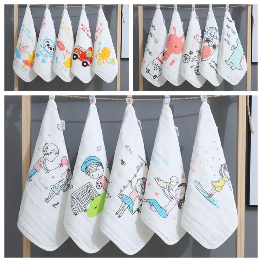 5PCS Burp Cloth Baby Gauze Towels Super Soft Face Wipes Pure Cotton Square Towels Portable Six Layer Cartoon Infan Washcloth