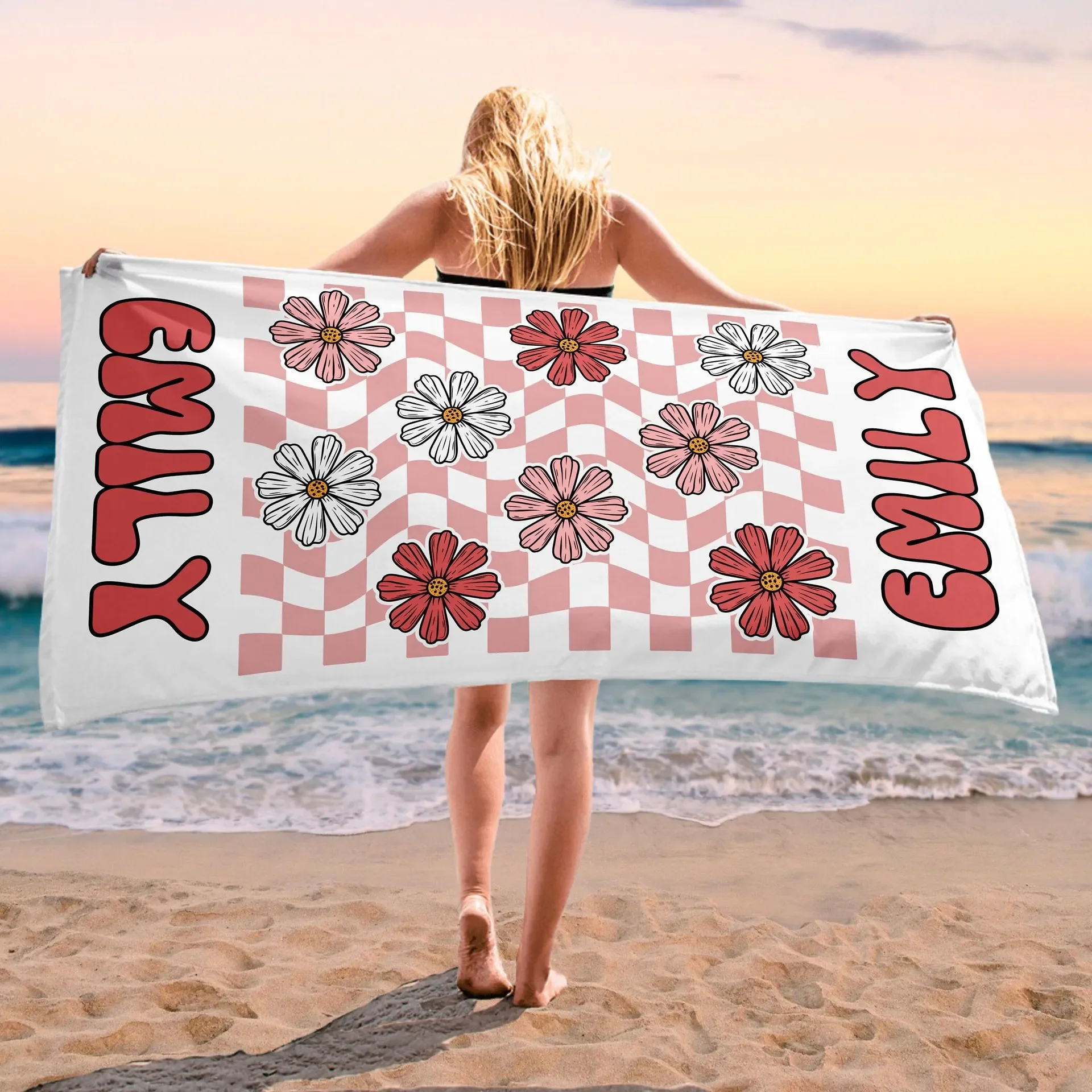 

Colored Checkered Flower Name Towel Microfiber Font Personalized Beach Towel Bath Towel Swimming Pool Beach Name Towel Bat