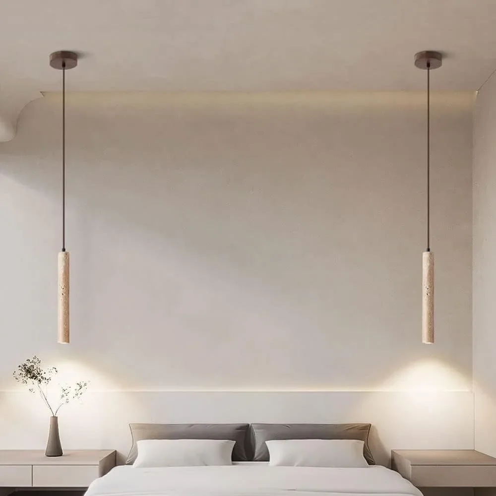 Nordic Minimalist Design Restaurant Led Decorative Chandelier Yellow Travertine Cylindrical Home Bedside Pendent Lamp