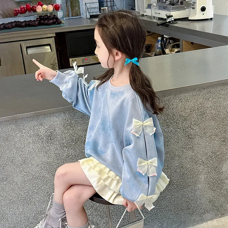 Girls Sweet Sweatshirt Spring Bow Tops Autumn New Fashion Cute Pullover Children Long Sleeve Casual Clothes 3-14 Years Old