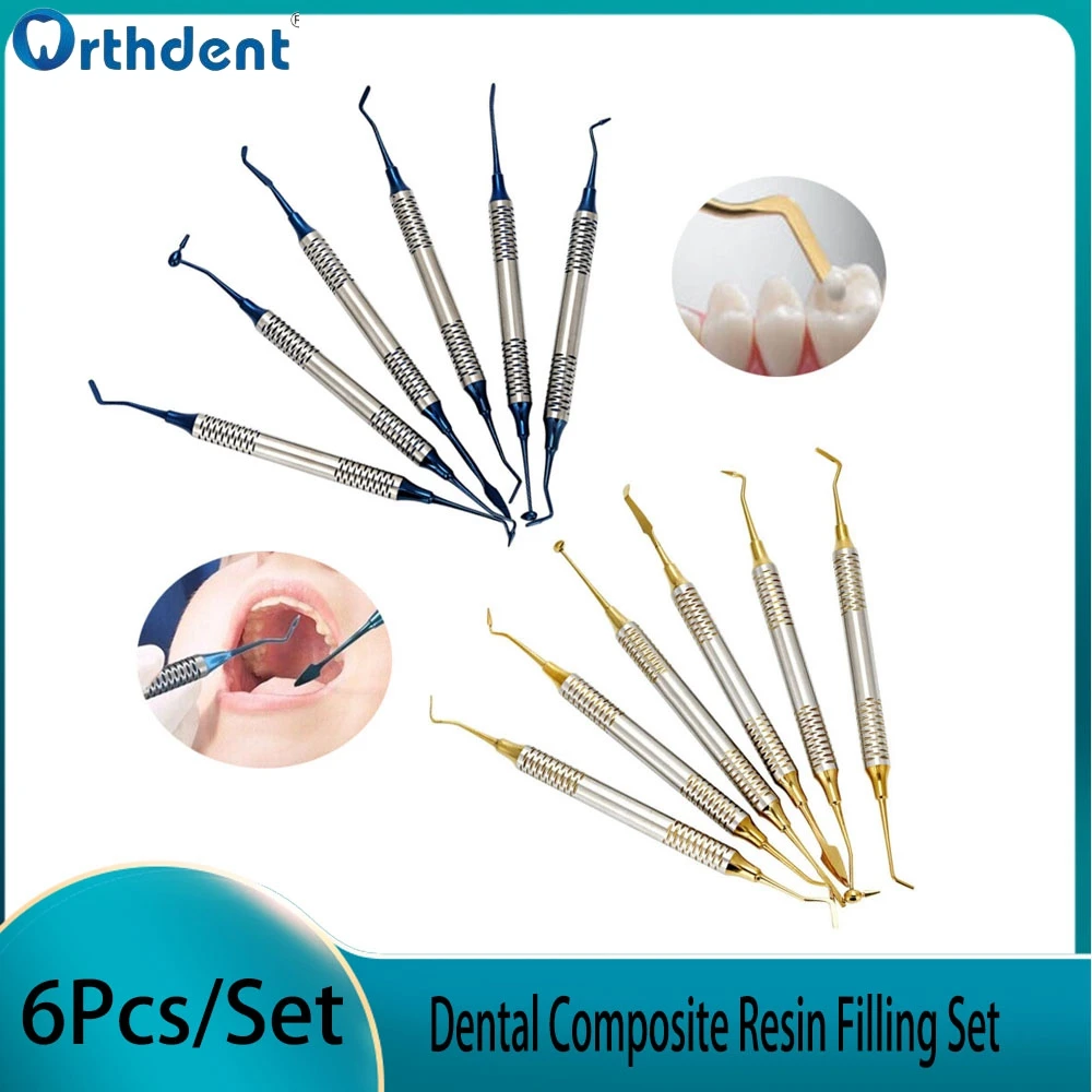 

6Pcs Dental Composite Resin Filling Spatula Titanium Plated Double-Head Thick Handle Resin Filler Set Dentistry Restoration Tool