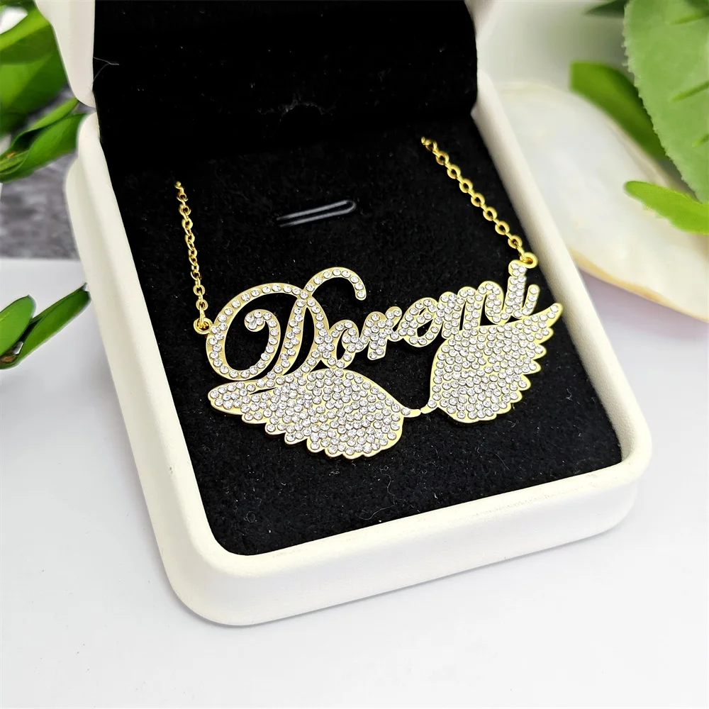 2023 Personalized Stainless Steel Zircon Name Necklace Custom Angel Wing Letter Necklace For Women Jewelry Gifts
