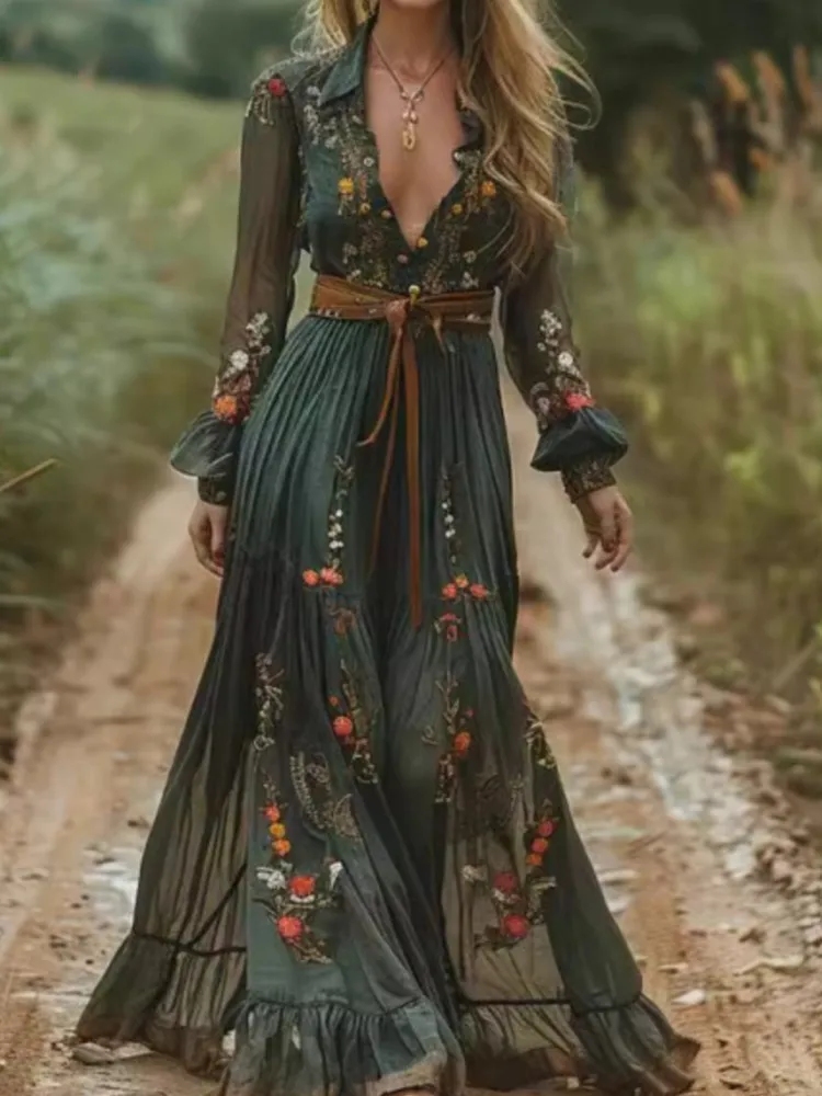 فستان مطبوع عتيق على الموضة للنساء كاجوال بأكمام ط...