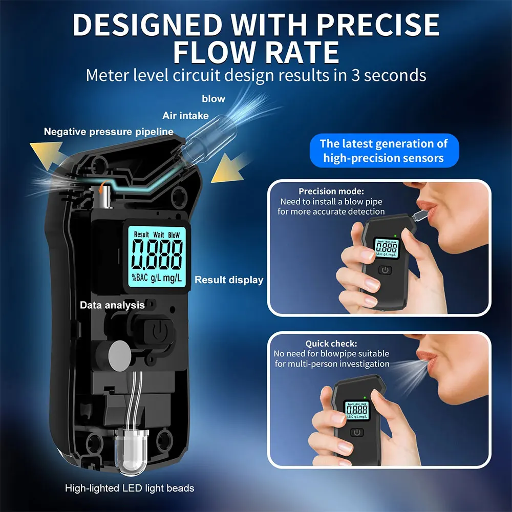 Digital Alcohol Breath Tester with 5 Mouthpieces Blowing Nozzle Breathalyzer Police Alcotest Drunk Driving Alcohol Detector