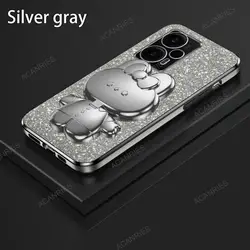 Invisible Makeup Mirror Rabbit Stand Plating Soft Phone Case Cover for Poco C55 (HDT Silver gray)