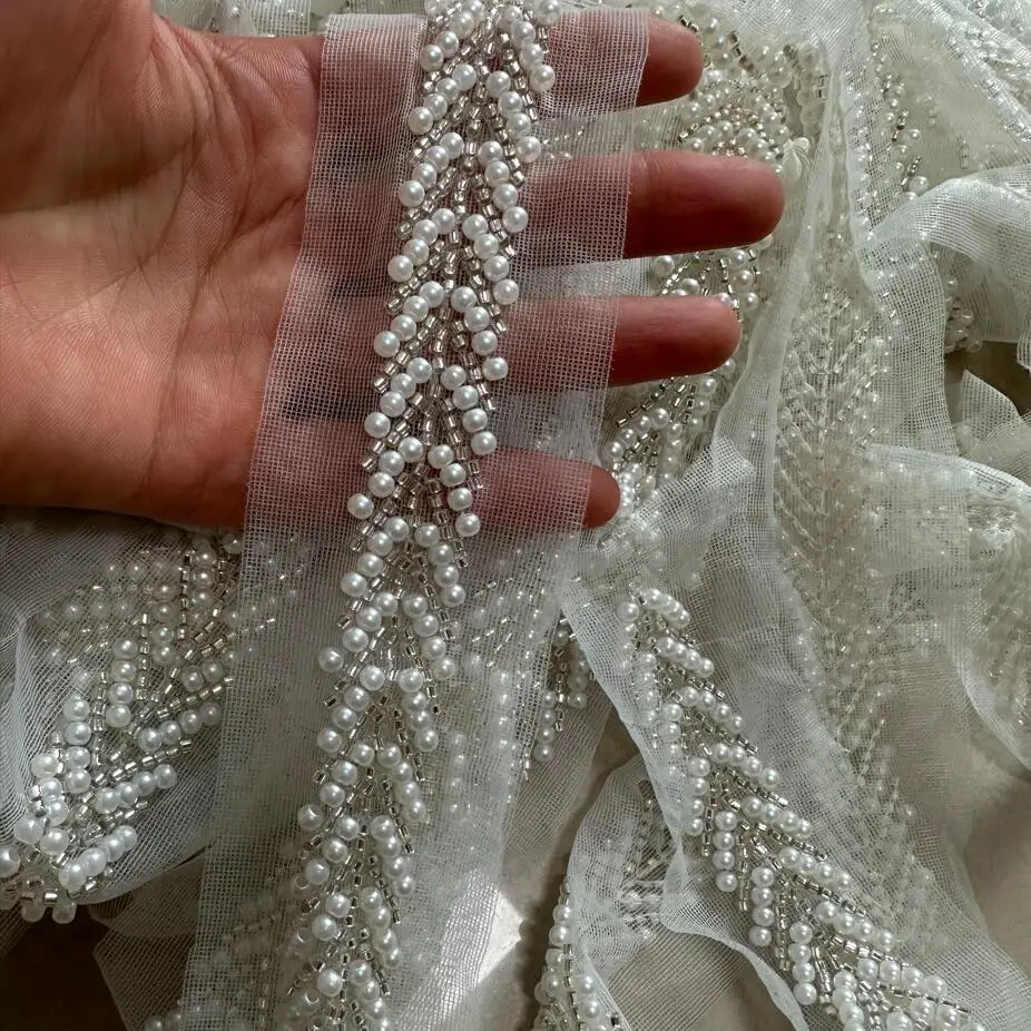 1Yard White Gold Pearl Beaded Lace Fabric Embroidered Lace Ribbon