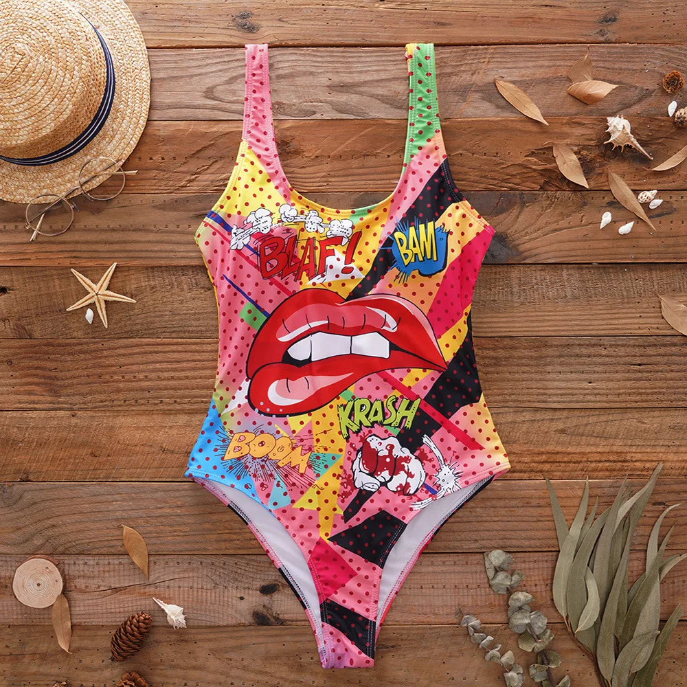Sexy One Piece Swimwear Woman 2025 Flame Red Lips Print Push Up Monokini Backless Bodysuit Swimsuit Beach Bathing Suits 1