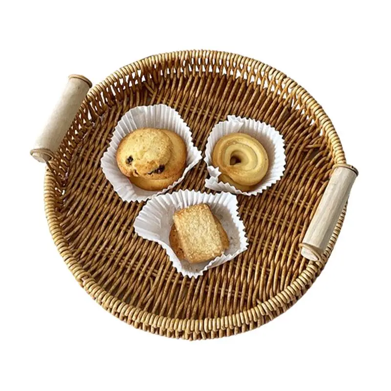 

Rattan Tray Hand Woven Food Basket Fruit Tray Multi-Function Afternoon Tea Snack Plate Decorative Basket Storage Tray