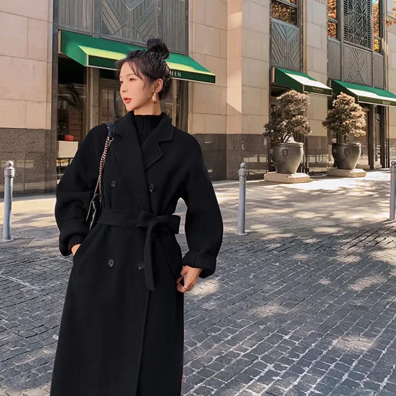 Winter Autumn Christmas Red Black Loose Long Wool Coat Jacket Belt Woolen Overcoat Korean Women Split Hem Cardigan Outerwear XL
