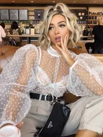 Fashion Women Polka Dot Mesh Blouse Puff Long Sleeve Loose Shirts Sexy Elegant Vintage See Through Cover-ups Tops Summer Fall 1