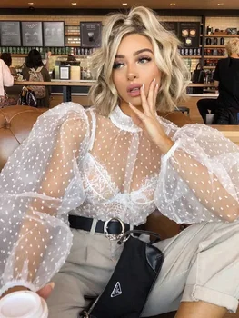 Fashion Women Polka Dot Mesh Blouse Puff Long Sleeve Loose Shirts Sexy Elegant Vintage See Through Cover-ups Tops Summer Fall 1