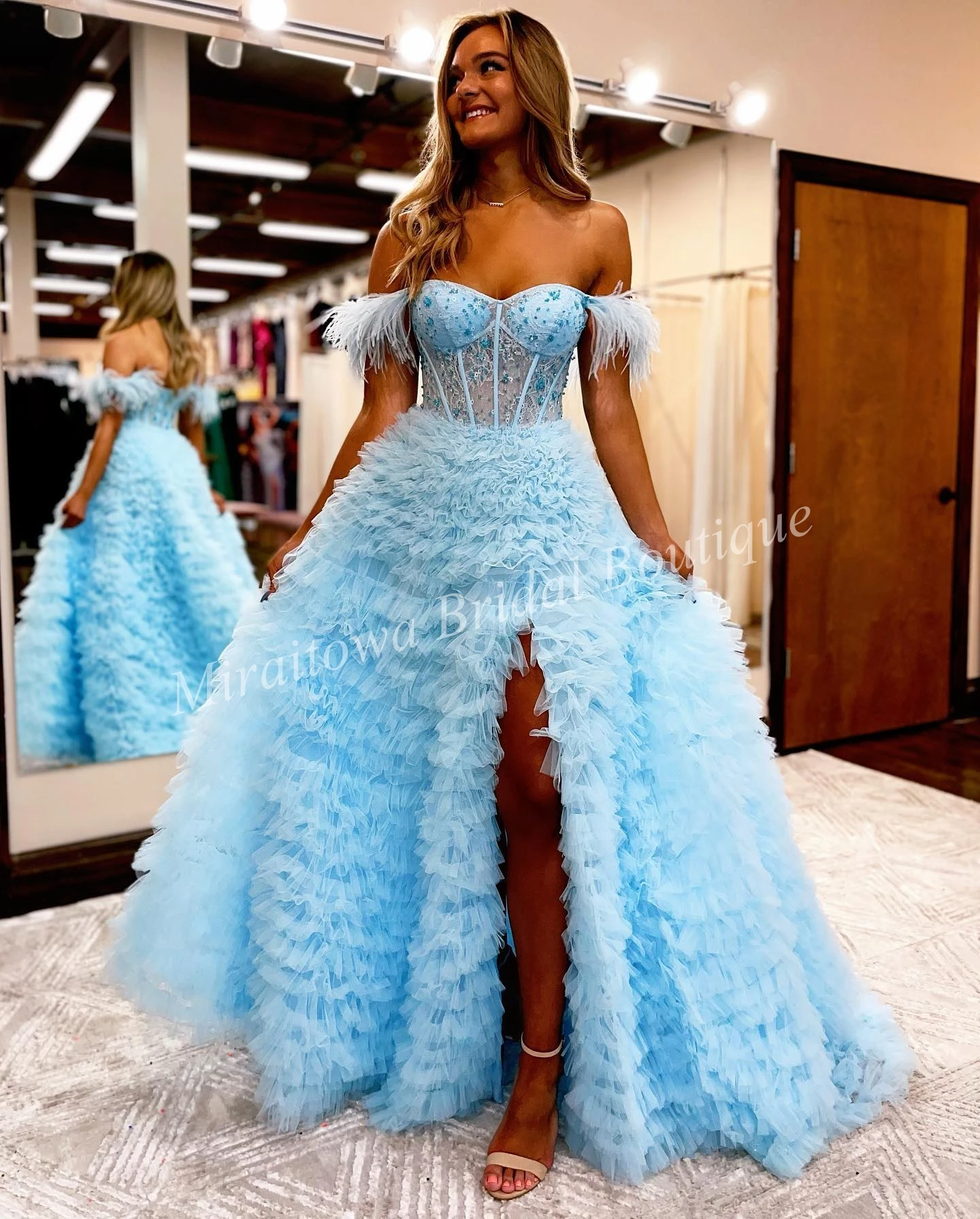 Ruffle Prom Dress 2022 Feather Off-shoulder A-line Pageant Gown High Slit  Lady Women Formal Party Pink Light Blue Red Lavender - Prom Dresses -  AliExpress