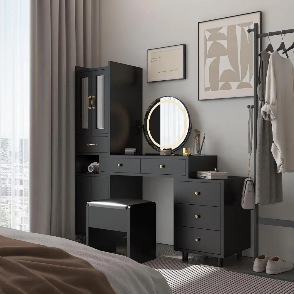 Vanity Desk with Mirror and Lights Makeup Vanity Table Set with Charging Station Black Desk with Storage Cabinet, 4