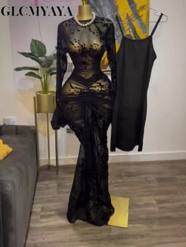 CM.YAYA 2025 Fall Women Long Sleeve Stacked Mesh See Though with Lining Bodycon Long Dress Evening Birthday Sexy Party Dresses 1