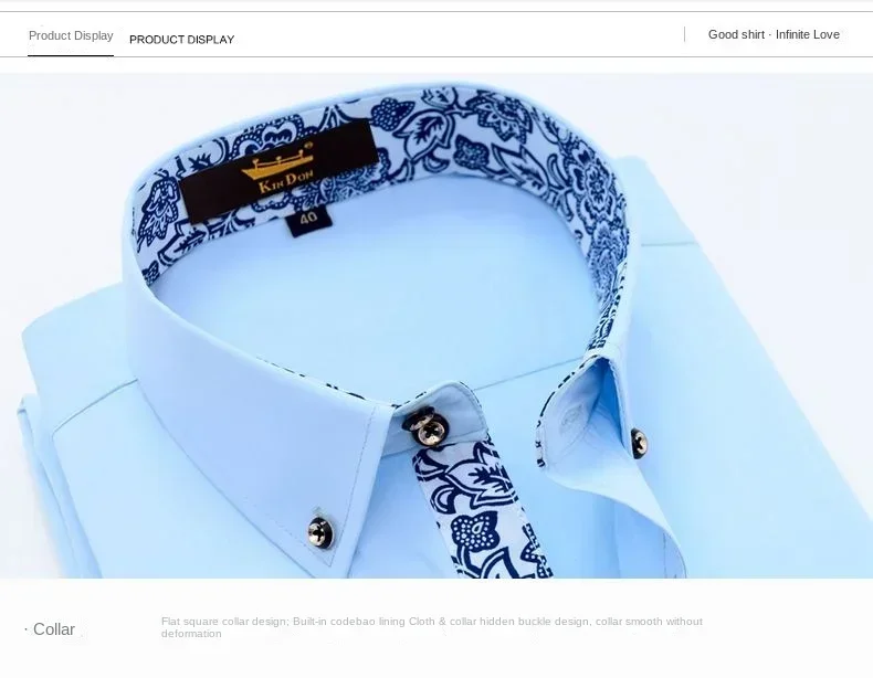 Description Picture 6 of itemClassic Cotton Casual Shirts Men Long Sleeve Shirt for Business Blue White Porcelain Collar Dress Shirt Fashion Korean Clothing