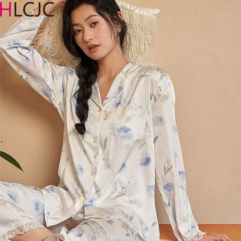 

Women's Pajamas Sets Spring Autumn 2 Piece Flower Print Pyjama Femme Faux Silk Satin Sleepwear Long Sleeve Pijama Mujer Homewear