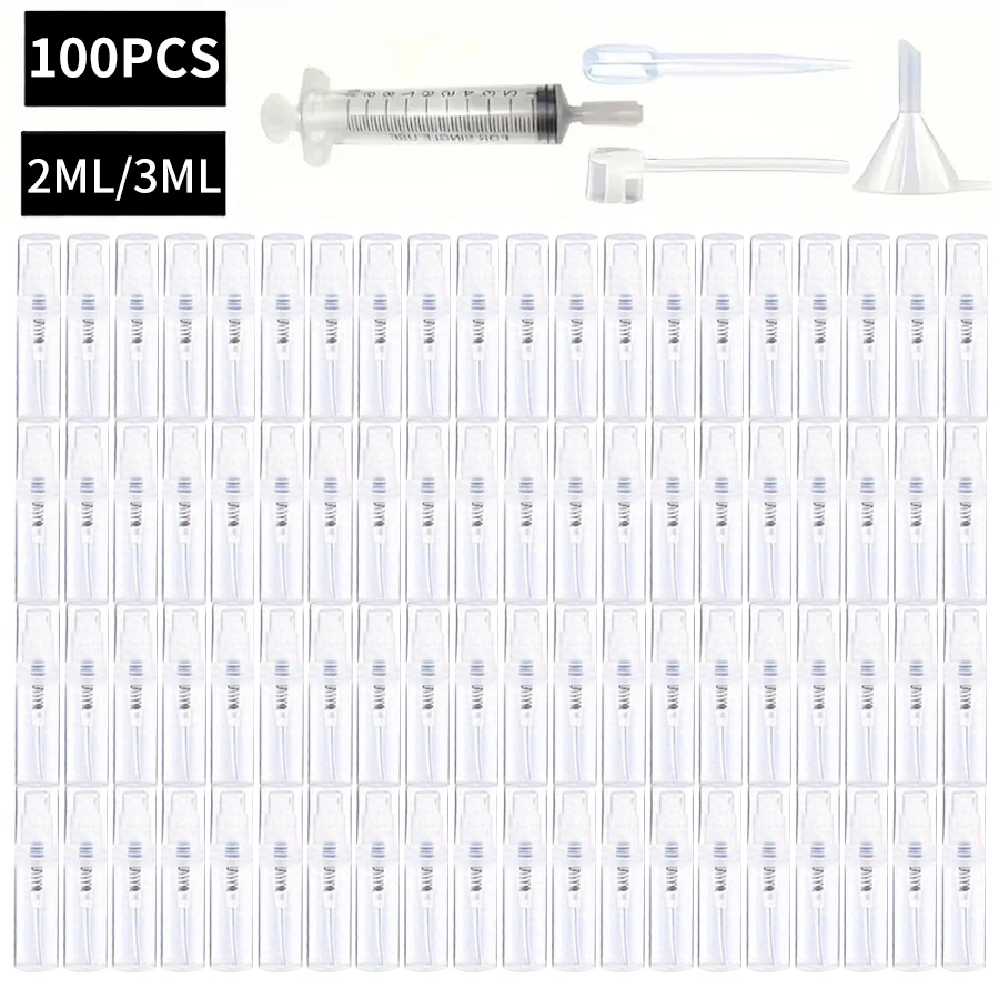 Vue de dessus des 100 flacons pulvérisateurs rechargeables 2ml/3ml transparents sans BPA, prêts à être remplis.