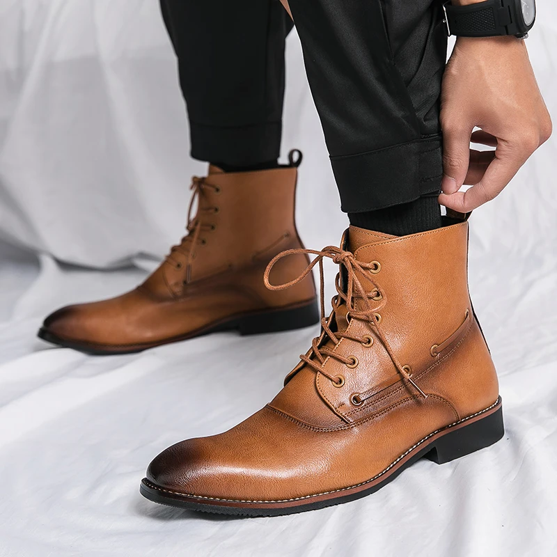 

2022 New Casual High Top Shoes Men Leather Boots Size 38-46