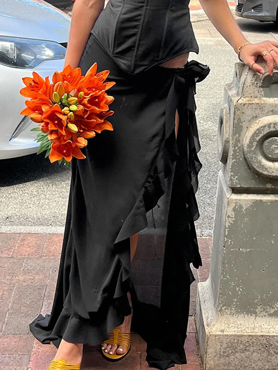 

Women 2023 Fashion Casual Long Skirts Solid Color/Flower Print Low Waist Ruffles Skirts Summer High Slit Skirts Streetwear