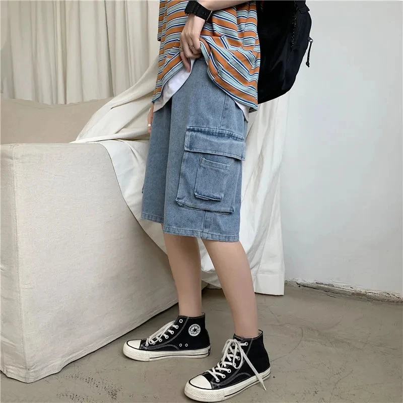 New Summer Retro Denim Shorts Korean Fashion Men's Travel Shopping High Quality Light Blue Business Youth Loose Shorts Large