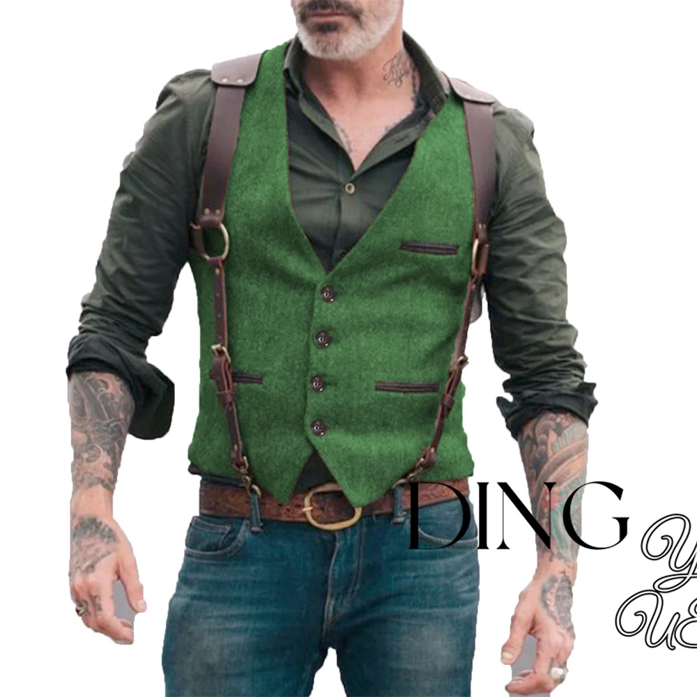 Pocket Men Suit Vest V Neck Jacket Herringbone Tweed Business Waistcoat Wedding Groomman Clothing Victorian Steampunk
