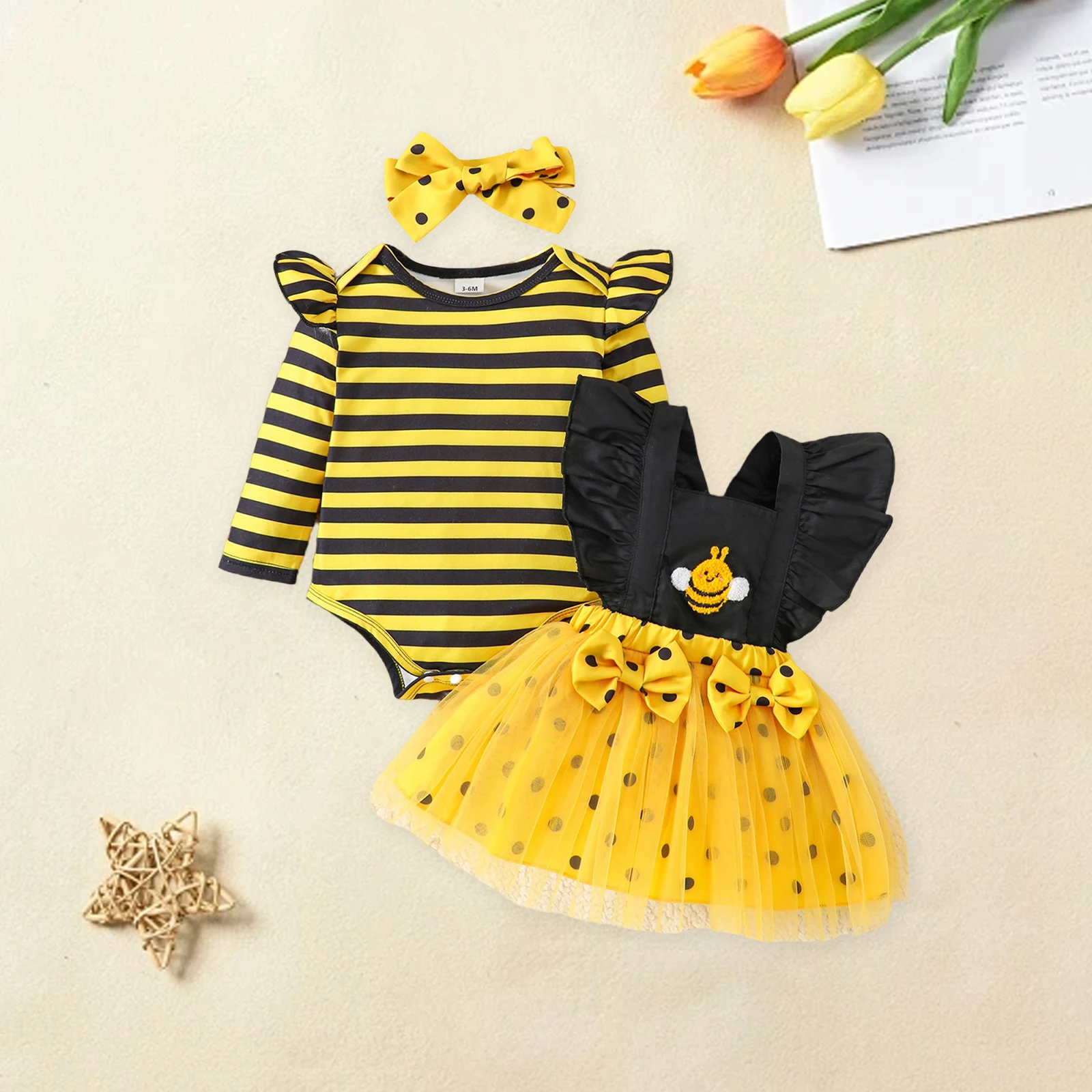 Completo per neonata: Tutina a maniche lunghe a righe, vestito con pettorina e fascia per capelli, set costume da ape per neonati - immagine 4