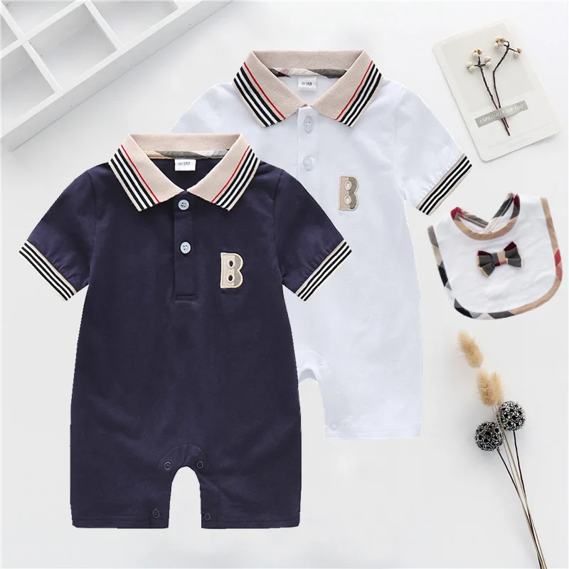 

New summer fashion British style newborn baby clothes Unisex cotton Plaid stripes new born baby boy girls rompers and Bibs set