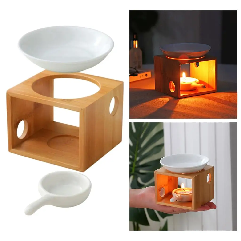 Ceramic Candle Holder Essential Oil Burner Diffuser Wood Base Incense Lamps Porcelain Home Living Room Decors