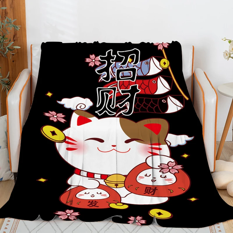 

Lucky Cat Flannel Blanket Sofa Winter King Size Knee Bed Fleece Camping Warm Winter Fluffy Soft Blankets Microfiber Bedding