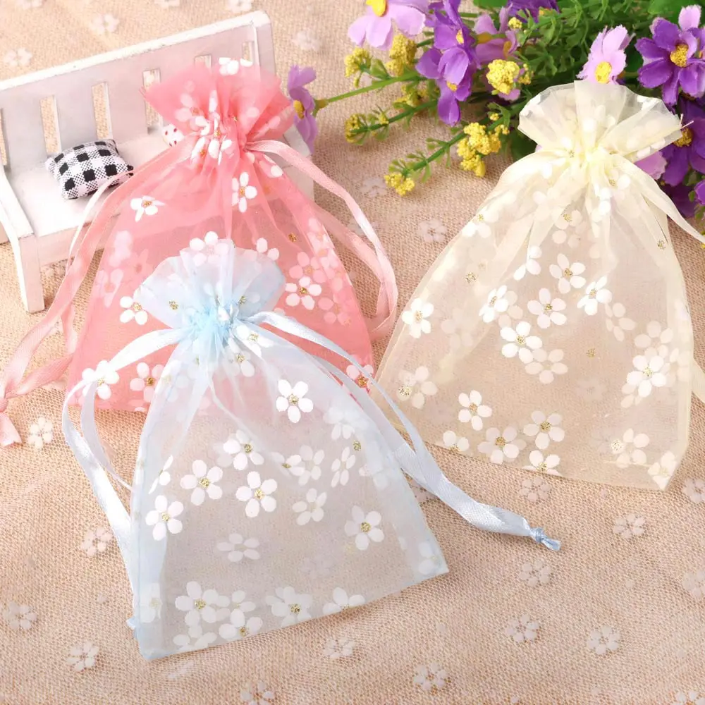 10pcs/Lot New Flower Organza Gift Bags 10x14cm 13x18cm 16x23cm Wedding Jewelry Gift Bag Candy Packaging Drawstring Pouches