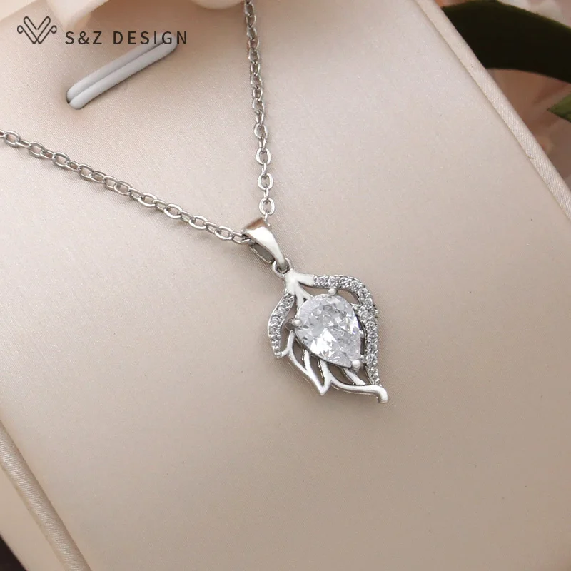 S&Z DESIGN New Fashion Hollow Out Leaf Pendant Necklace For Women Trendy 585 Rose Gold Color Cubic Zirconia Jewelry Gift
