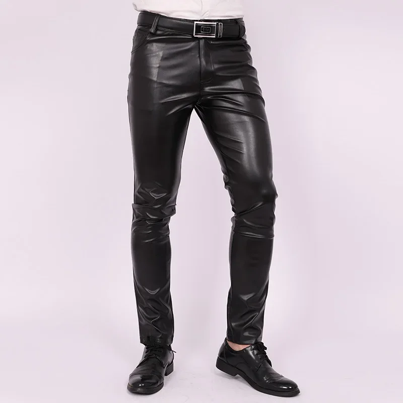 Men's Slim Fit Skinny Pants Tight Stretch Leather Pants Teen Trend Motorcycle PU Leather